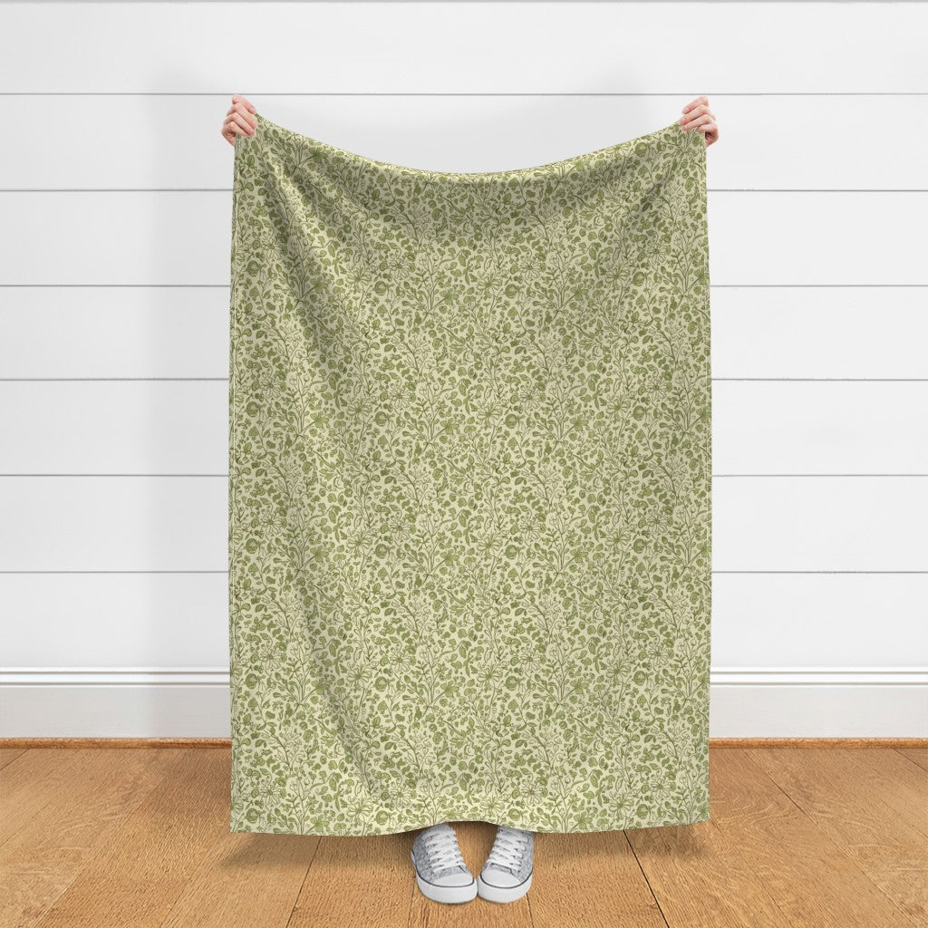 Soft Green Botanical Cottagecore Fabric: Vintage Floral Material With Vines