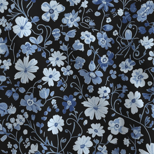 Midnight Meadow Dark Blue Floral Cottagecore Botanical Print Hand Drawn Vintage Inspired Fabric Romantic Sewing Textile Design