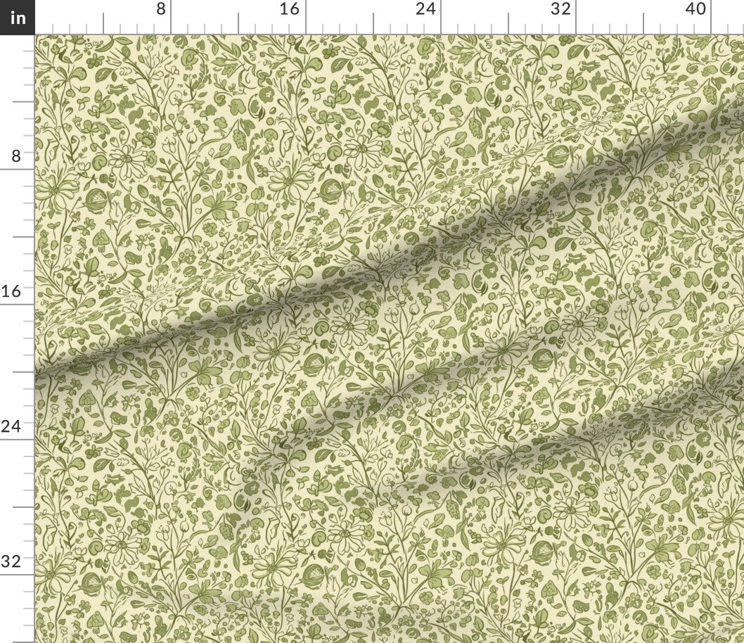 Soft Green Botanical Cottagecore Fabric: Vintage Floral Material With Vines
