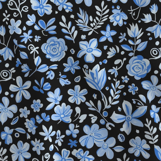 Starlit Stems Dark Blue Cottagecore Floral Vintage Roses Daisies Tulips Botanical Night Garden Pattern Poppywood Petals