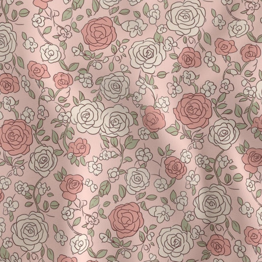 Roses Rose: Pink Floral Botanical Cottagecore Fabric: Romantic Hand Drawn Vintage Style